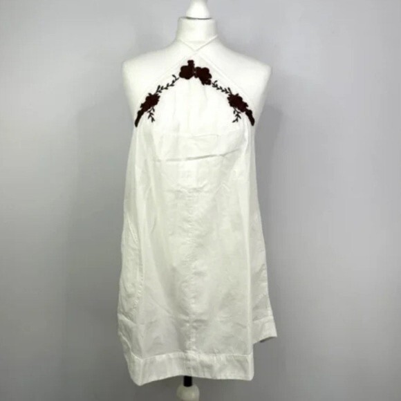 NWOT Free People Brown Embroidered Floral White Halter Top Tunic Pockets. Small - Picture 1 of 6